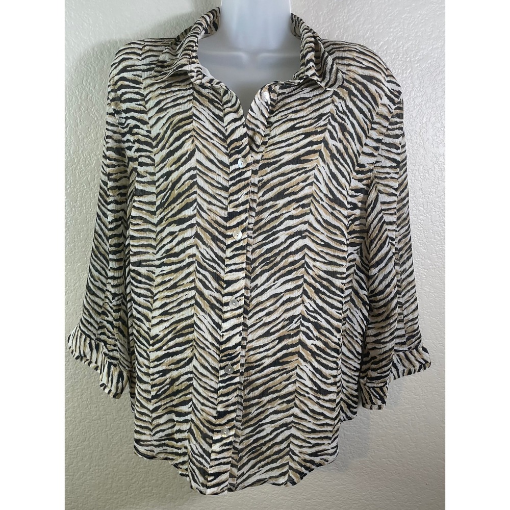 Alfred Dunner Womens 18W Button Down Blouse Zebra Print Ruffle Cuff Crinkle Top